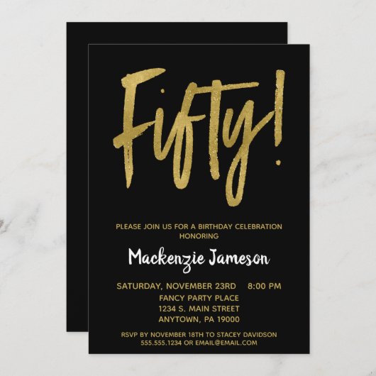 Black Gold Script 50th Birthday Party Invitation Kaart (Voorkant / Achterkant)