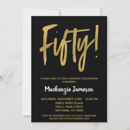 Black Gold Script 50th Birthday Party Invitation Kaart