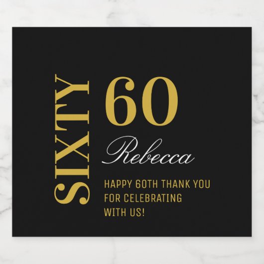 Black & Gold Script 60th Birthday Cocktail Party Bier Etiket (Enkel label)
