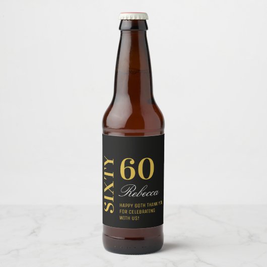 Black & Gold Script 60th Birthday Cocktail Party Bier Etiket (Voorkant)