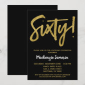 Black Gold Script 60th Birthday Party Invitation Kaart (Voorkant / Achterkant)