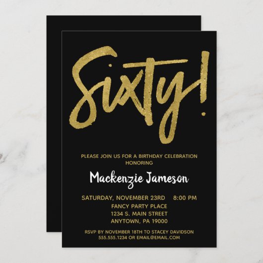 Black Gold Script 60th Birthday Party Invitation Kaart (Voorkant / Achterkant)