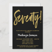 Black Gold Script 70th Birthday Party Invitation Kaart (Voorkant)