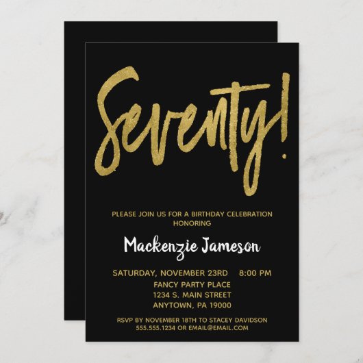 Black Gold Script 70th Birthday Party Invitation Kaart (Voorkant / Achterkant)