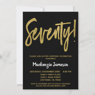 Black Gold Script 70th Birthday Party Invitation Kaart