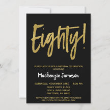 Black Gold Script 80th Birthday Party Invitation