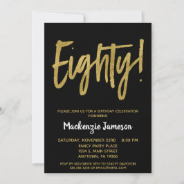Black Gold Script 80th Birthday Party Invitation Kaart