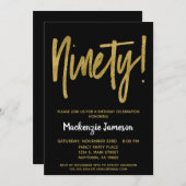 Black Gold Script 90th Birthday Party Invitation Kaart (Voorkant / Achterkant)