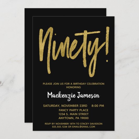 Black Gold Script 90th Birthday Party Invitation Kaart (Voorkant / Achterkant)
