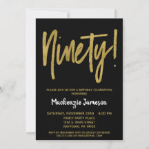 Black Gold Script 90th Birthday Party Invitation