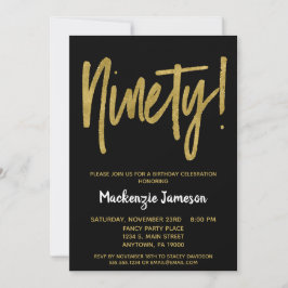 Black Gold Script 90th Birthday Party Invitation Kaart