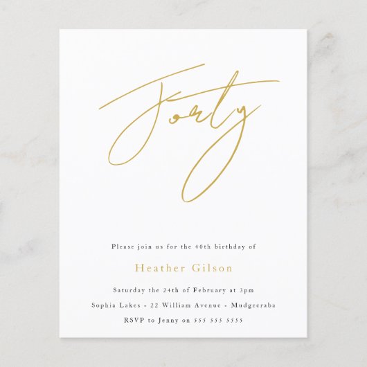 Black & Gold Script Budget 40e verjaardag Uitnodig (Voorkant)