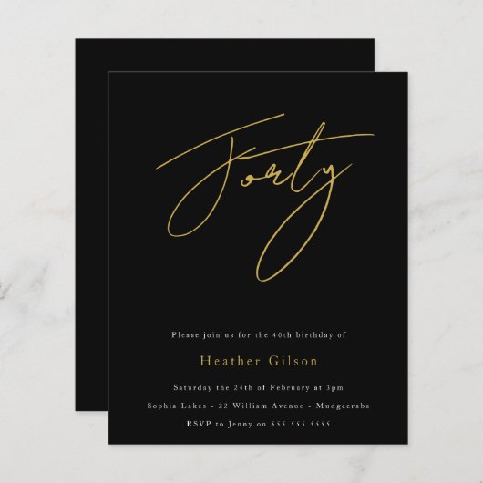 Black & Gold Script Budget 40e verjaardag Uitnodig (Voorkant / Achterkant)