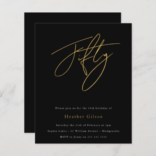 Black & Gold Script Budget 50th Birthday Invite (Voorkant / Achterkant)