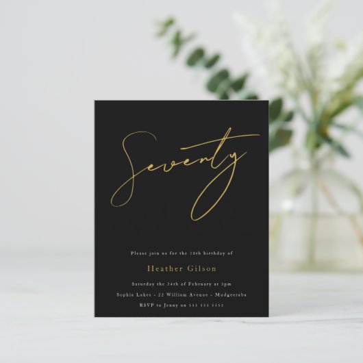 Black & Gold Script Budget 70th Birthday Invite (Staand voorkant)