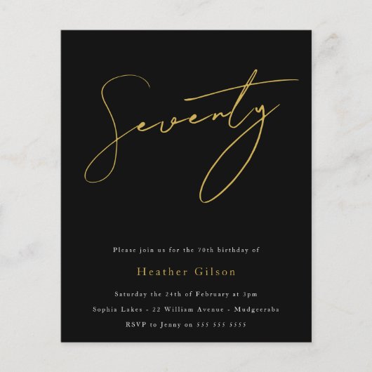 Black & Gold Script Budget 70th Birthday Invite (Voorkant)