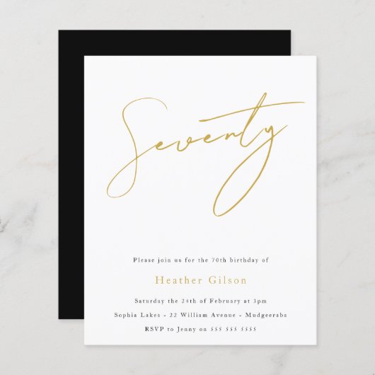 Black & Gold Script Budget 70th Birthday Invite (Voorkant / Achterkant)