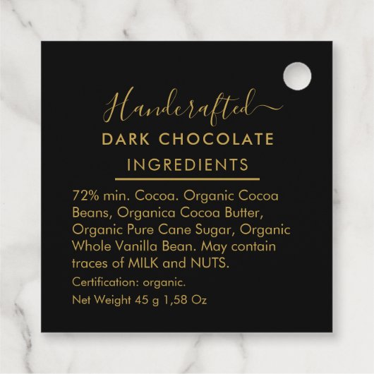 Black Gold Script Dark Chocolate Ingredients Bedankjes Labels (Achterkant)