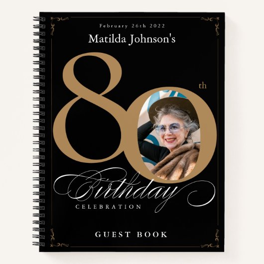 Black Gold Script Elegant 80ste verjaardag gastenb Notitieboek (Voorkant)
