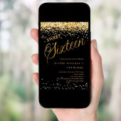 Black gold script elegant Sweet 16 Kaart