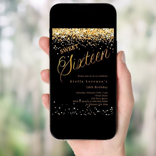 Black gold script elegant Sweet 16 Kaart