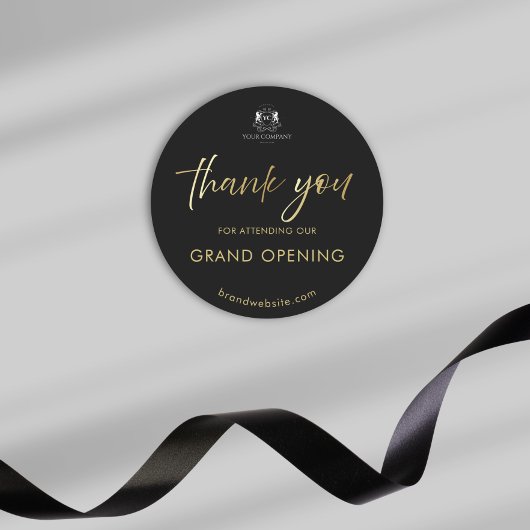 Black Gold Script Grand Opening Logo Bedankt Ronde Sticker