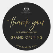 Black Gold Script Grand Opening Logo Bedankt Ronde Sticker (Voorkant)