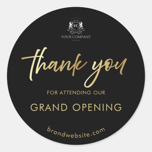 Black Gold Script Grand Opening Logo Bedankt Ronde Sticker (Voorkant)