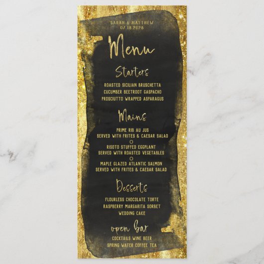 Black & Gold Script Kalligrafie Glam Menu (Voorkant)