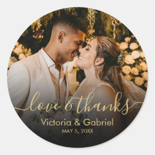Black Gold Script Love and Bedankt Photo Wedding Ronde Sticker