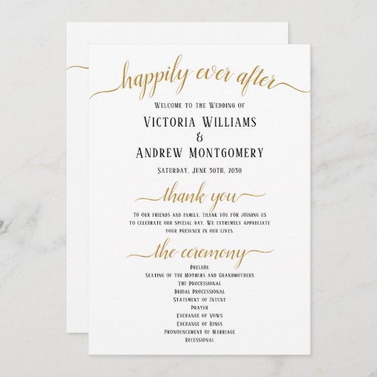 Black Gold Script Minimal Wedding Ceremony Programmakaart (Voorkant / Achterkant)