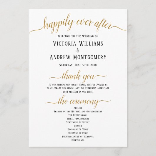 Black Gold Script Minimal Wedding Ceremony Programmakaart (Voorkant)