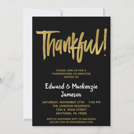 Black Gold Script Thanksgiving-uitnodiging Kaart (Voorkant)