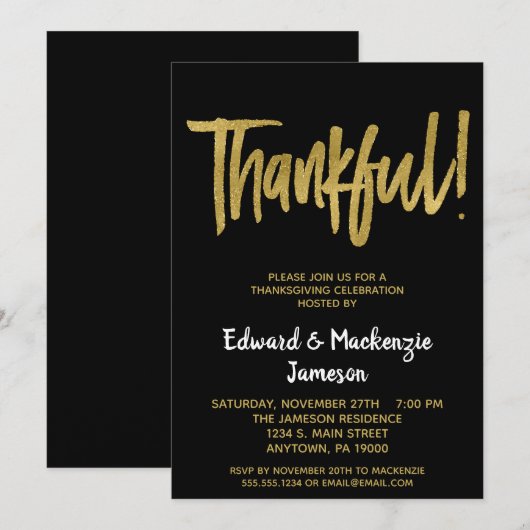 Black Gold Script Thanksgiving-uitnodiging Kaart (Voorkant / Achterkant)