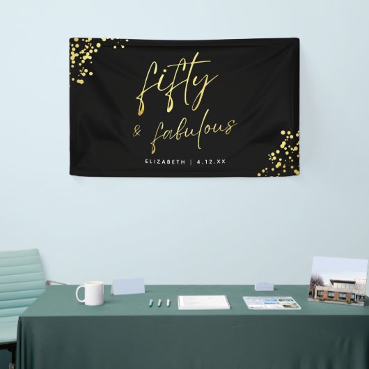 Black Gold Script Vijftig en fantastische verjaard Spandoek (Beurs)