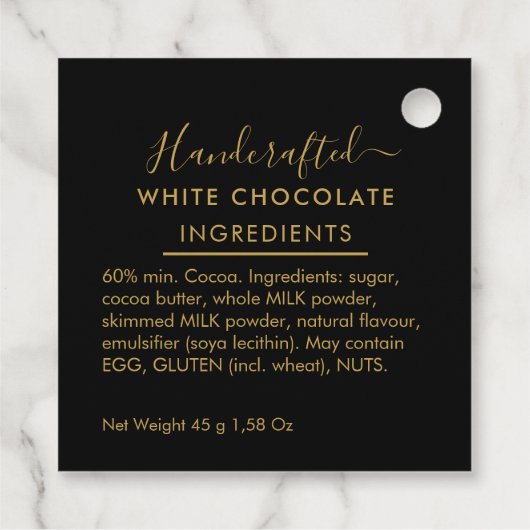 Black Gold Script White Chocolate Ingredients Bedankjes Labels (Achterkant)