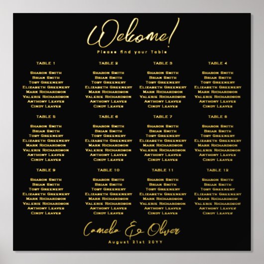 Black Gold Seating Chart 12 Tabel Echte Folie Folie Afdrukken (Voorkant)