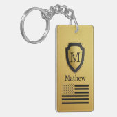 Black Gold Shield USA Flag Monogram Name Manly Sleutelhanger (Voorkant Links)