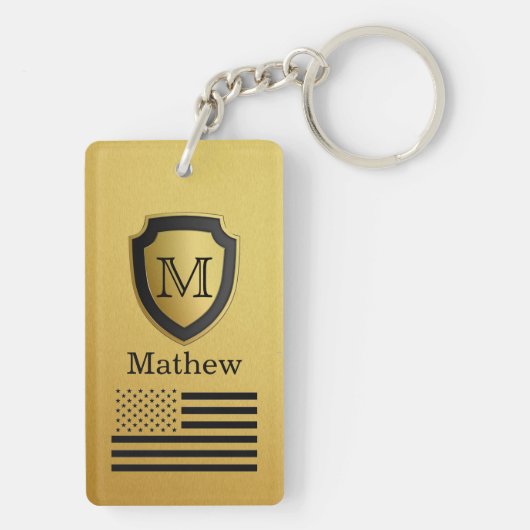 Black Gold Shield USA Flag Monogram Name Manly Sleutelhanger (achterkant)
