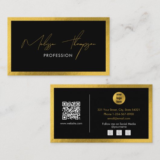 Black Gold Signature Script Professionele QR-code Visitekaartje (Voorkant / Achterkant)
