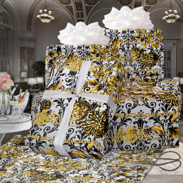 Black Gold Silver Floral Damask Acanthus Leaf Cadeaupapier