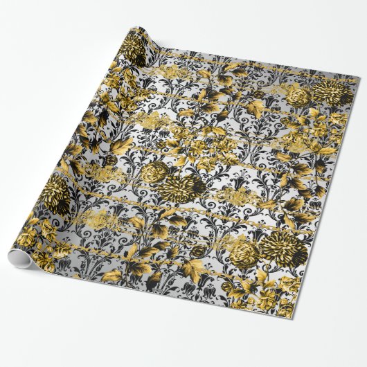 Black Gold Silver Floral Damask Acanthus Leaf Cadeaupapier (Uitgerold)
