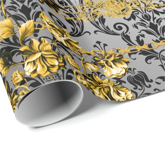 Black Gold Silver Floral Damask Acanthus Leaf Cadeaupapier (Rol Hoek)