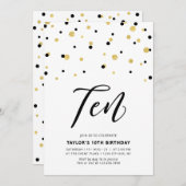 Black & Gold Simple 10th Teen Birthday Party Invit Kaart (Voorkant / Achterkant)