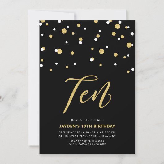 Black & Gold Simple 10th Teen Birthday Party Invit Kaart (Voorkant)