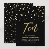 Black & Gold Simple 10th Teen Birthday Party Invit Kaart (Voorkant / Achterkant)