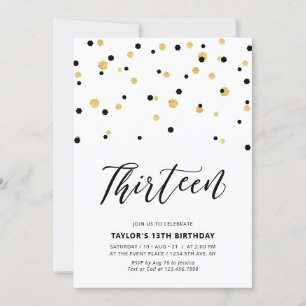 Black & Gold Simple 13th Teen Birthday Party Kaart