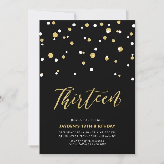 Black & Gold Simple 13th Teen Birthday Party Kaart (Voorkant)