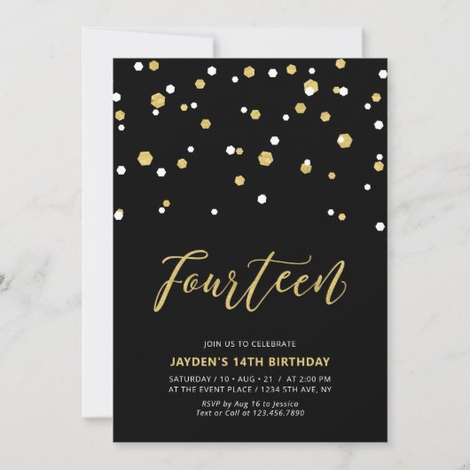 Black & Gold Simple 14th Teen Birthday Party Invit Kaart (Voorkant)