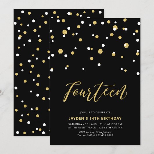Black & Gold Simple 14th Teen Birthday Party Invit Kaart (Voorkant / Achterkant)